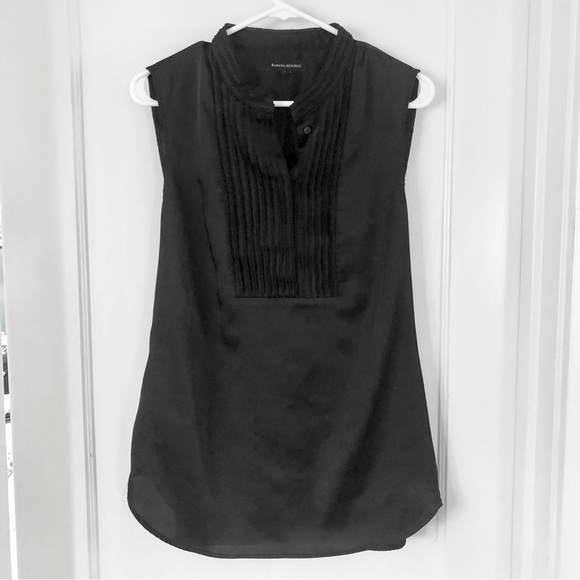 Banana Republic Tops - Banana Republic Navy Blue Satin pleated bib front mandarin collar size Large